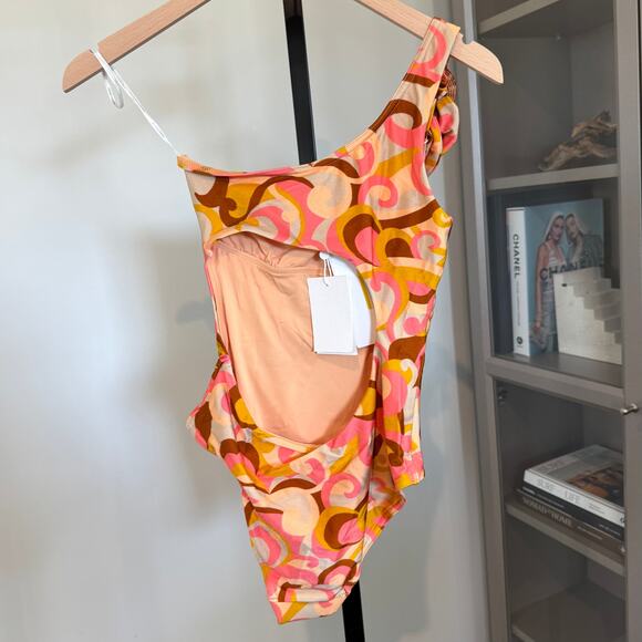 Zimmermann Mae One Shoulder Swimsuit NEW Buckle Embellished Peach Swirl NWT S - Picture 3 of 7